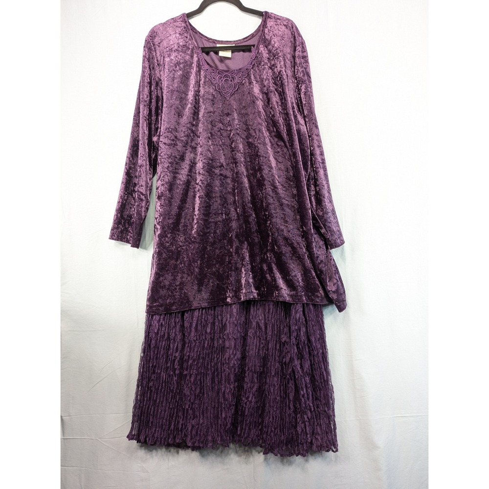 Roamans Purple Velvet Crushed 2 Pc Dress Size C2 Long‎ Sleeve Lace Trim